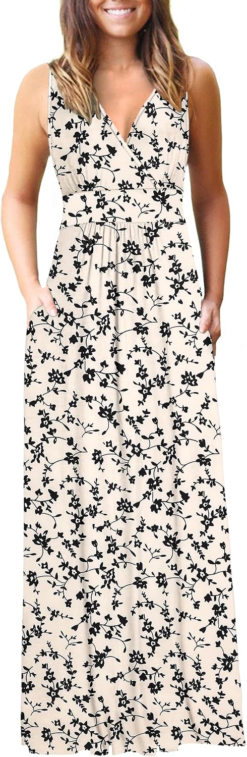 AUSELILY Maxi Dresses for Women Summer Casual Sleeveless V Neck Wrap Dress | Sleeveless Long maxi dress with wrap V neck & side pockets, for formal cocktail, beach & casual daily wear