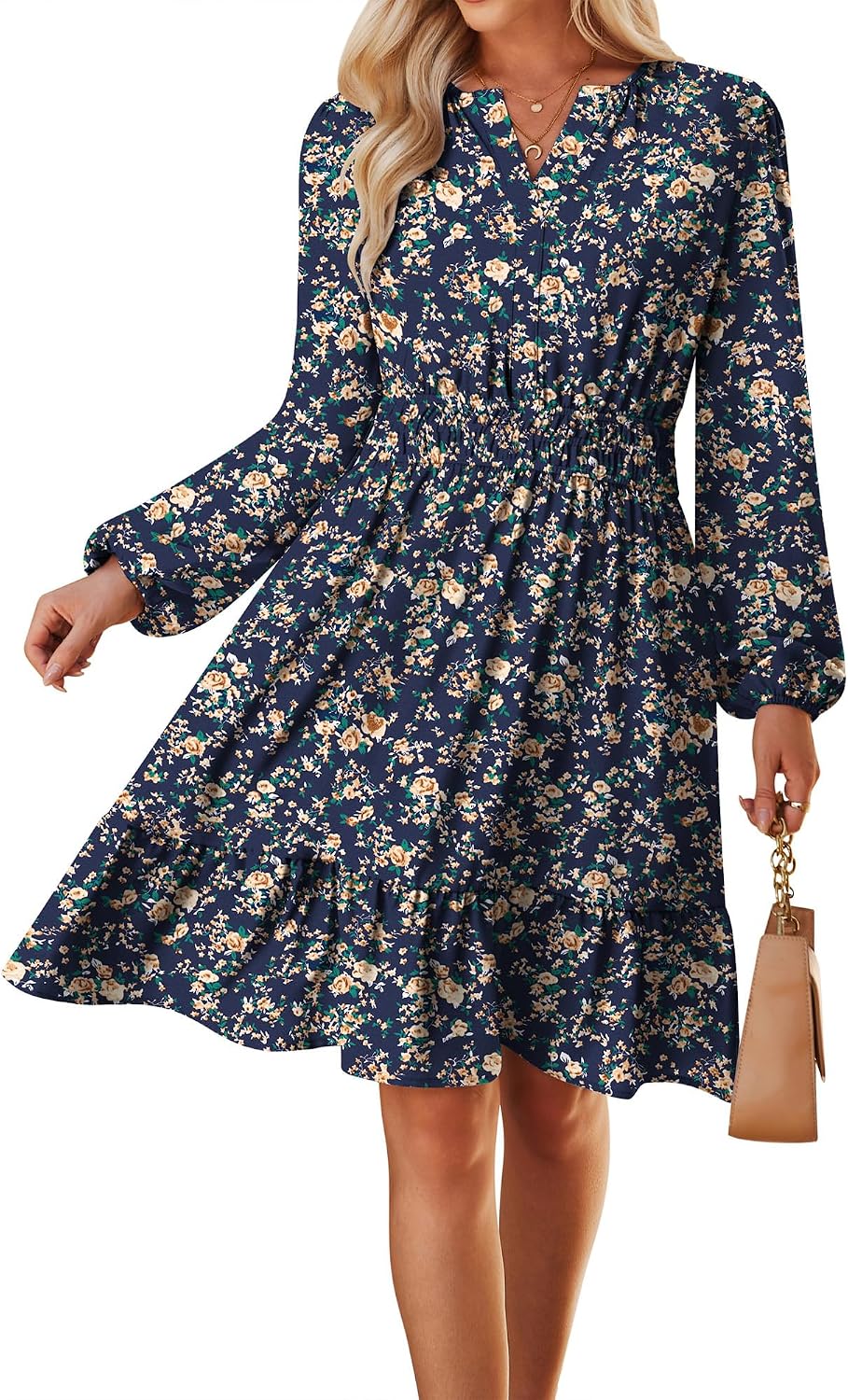 GRACE KARIN Women's V-Neck A-Line Knee Length Dress with Pockets | Smocked Waist for Tummy Control, Breathable Opaque Fabric, Hidden Side Pockets, Versatile for Work\/Weddings