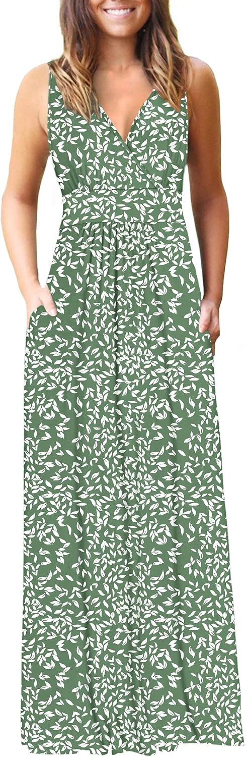AUSELILY Maxi Dresses for Women Summer Casual Sleeveless V Neck Wrap Dress | Sleeveless Long maxi dress with wrap V neck & side pockets, for formal cocktail, beach & casual daily wear