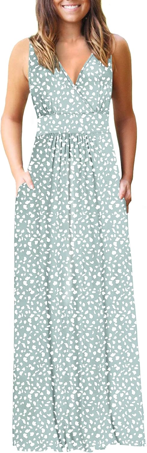 AUSELILY Maxi Dresses for Women Summer Casual Sleeveless V Neck Wrap Dress | Sleeveless Long maxi dress with wrap V neck & side pockets, for formal cocktail, beach & casual daily wear