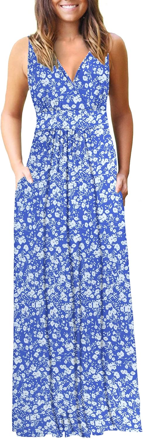 AUSELILY Maxi Dresses for Women Summer Casual Sleeveless V Neck Wrap Dress | Sleeveless Long maxi dress with wrap V neck & side pockets, for formal cocktail, beach & casual daily wear
