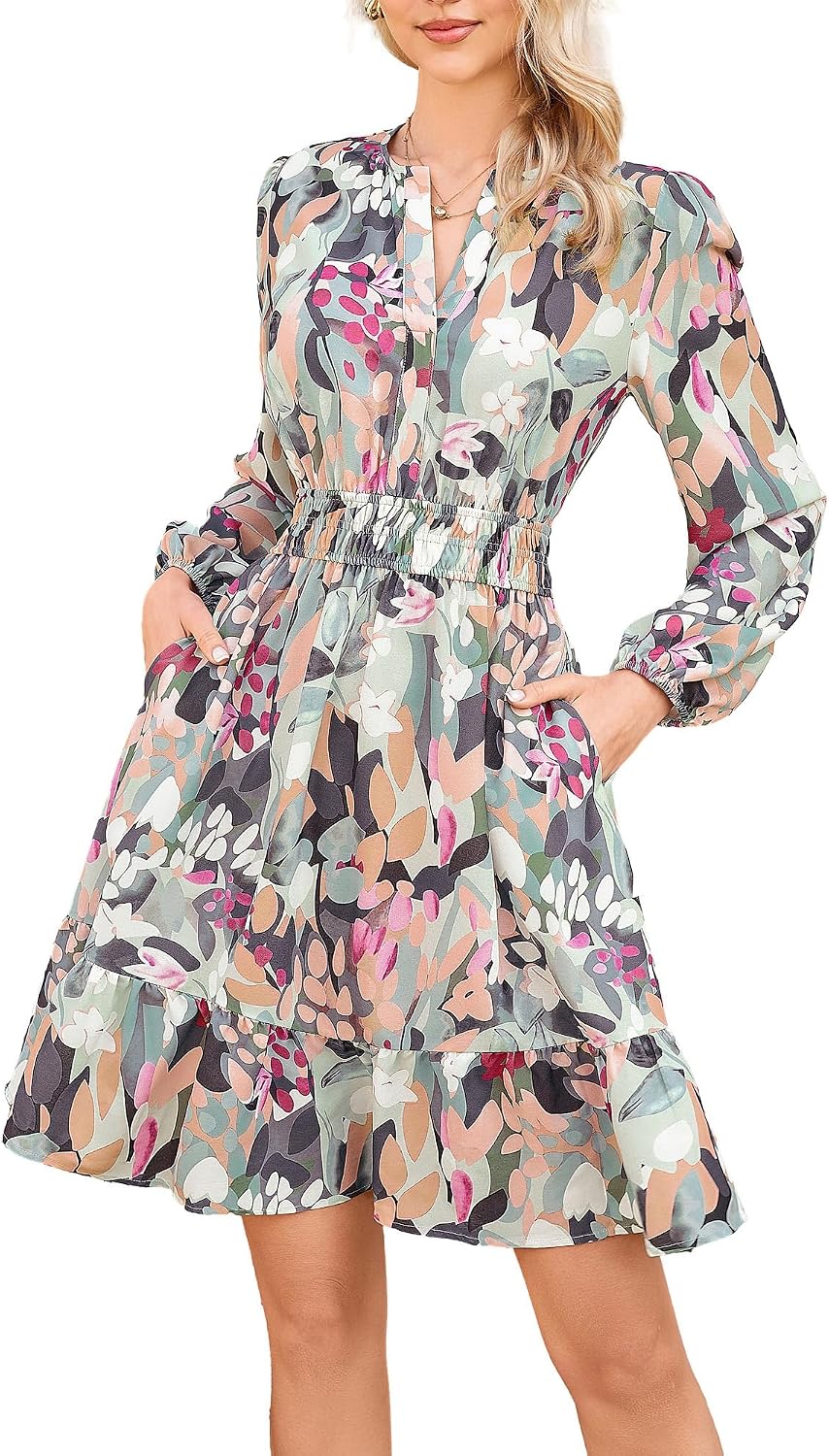 GRACE KARIN Women's V-Neck A-Line Knee Length Dress with Pockets | Smocked Waist for Tummy Control, Breathable Opaque Fabric, Hidden Side Pockets, Versatile for Work\/Weddings