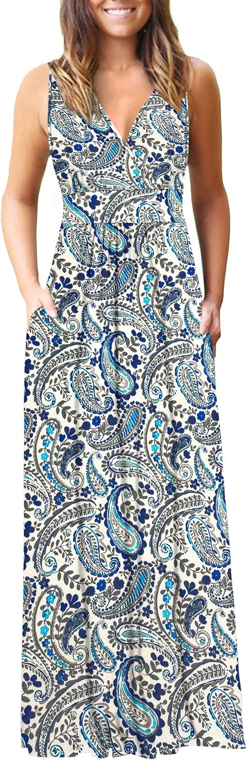 AUSELILY Maxi Dresses for Women Summer Casual Sleeveless V Neck Wrap Dress | Sleeveless Long maxi dress with wrap V neck & side pockets, for formal cocktail, beach & casual daily wear
