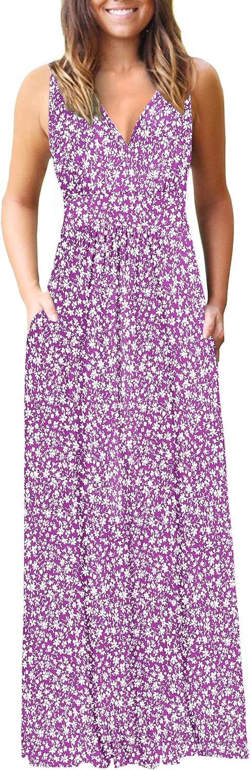 AUSELILY Maxi Dresses for Women Summer Casual Sleeveless V Neck Wrap Dress | Sleeveless Long maxi dress with wrap V neck & side pockets, for formal cocktail, beach & casual daily wear