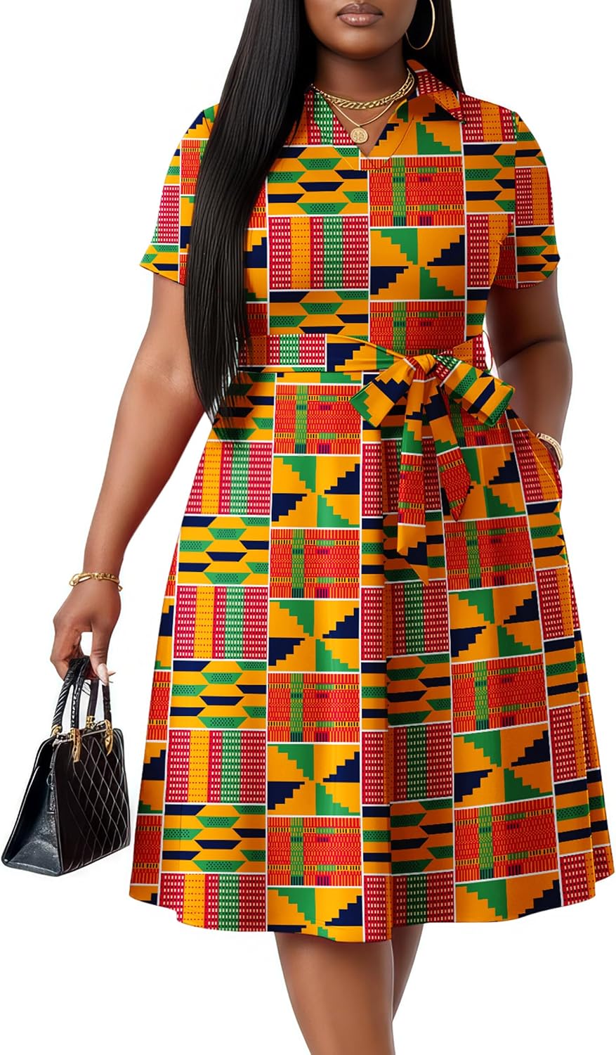 FANDEE Plus Size Dresses Women Summer Casual Church Dress with Belt | Women Summer Casual Church Dress V Neck Short Sleeve A-Line Work Cocktail Shirt Midi Dress with Belt and Pockets