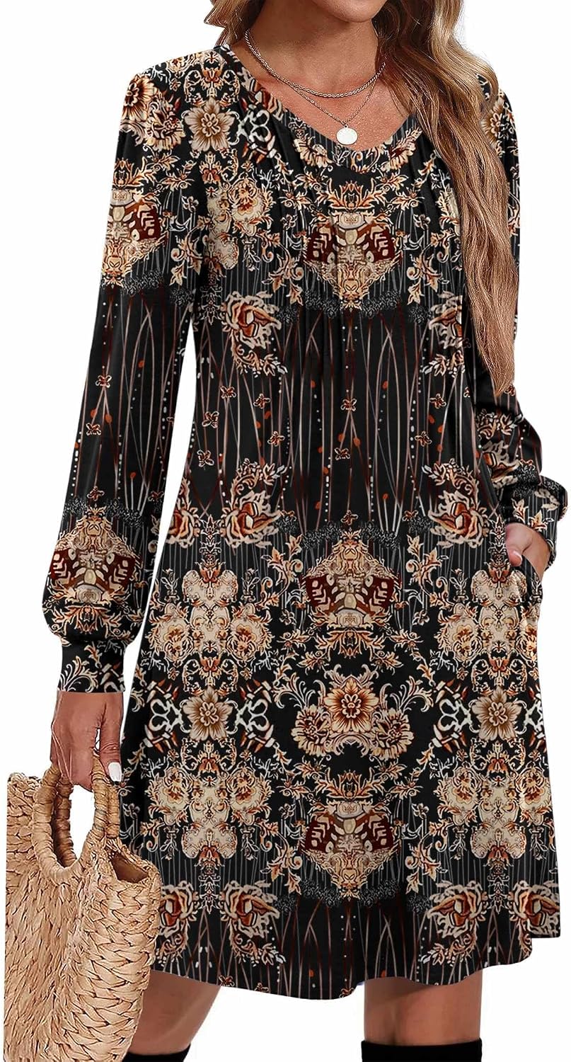 Zeagoo Fall Dresses for Women Long Sleeve Casual Pleated V Neck Dress 2026 A Line Tunic Dress