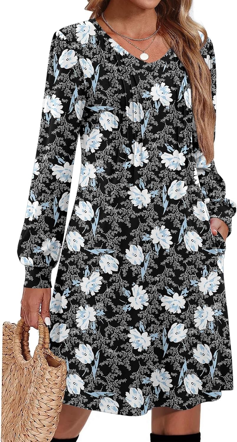 Zeagoo Fall Dresses for Women Long Sleeve Casual Pleated V Neck Dress 2026 A Line Tunic Dress
