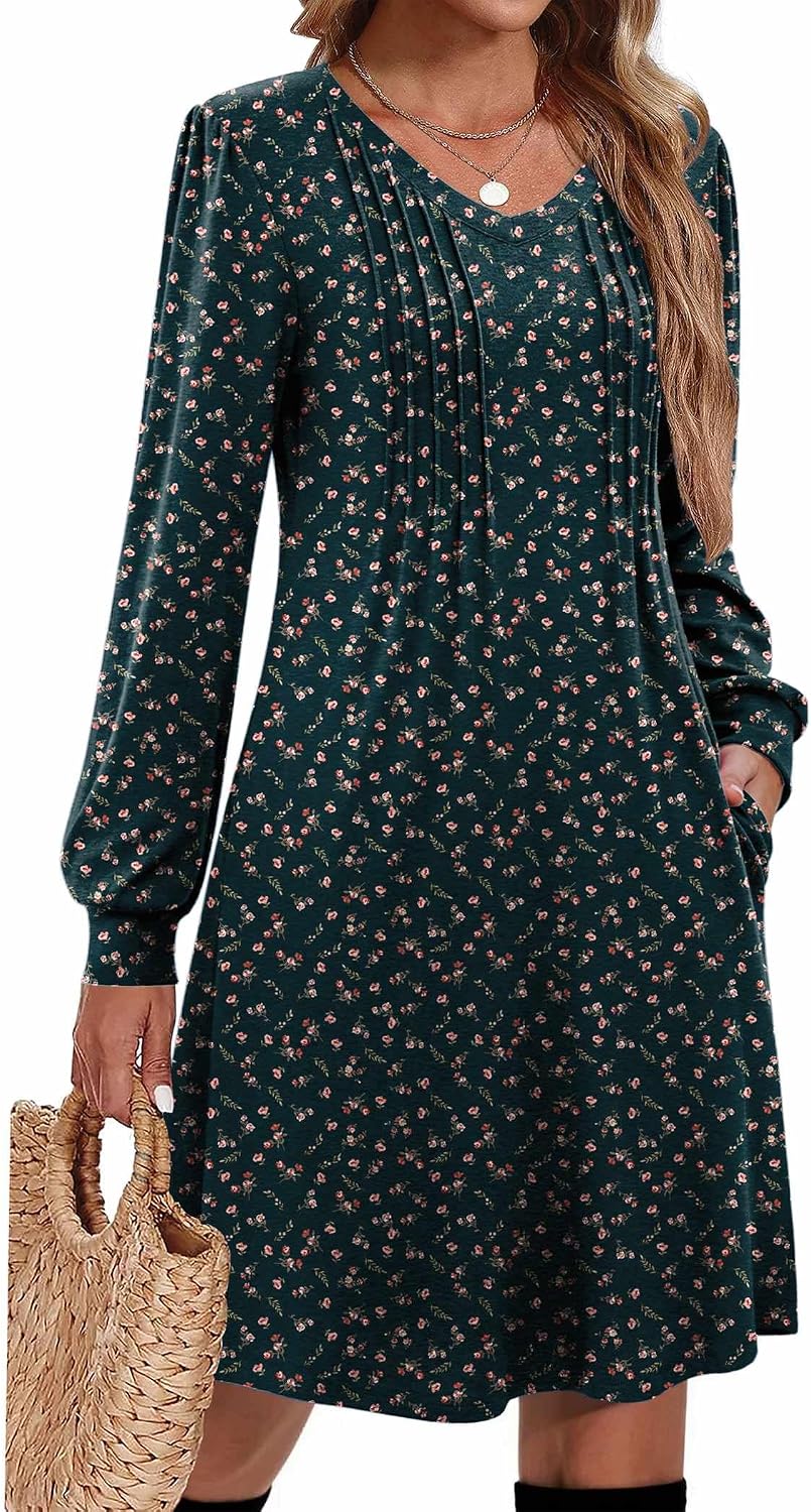 Zeagoo Fall Dresses for Women Long Sleeve Casual Pleated V Neck Dress 2026 A Line Tunic Dress