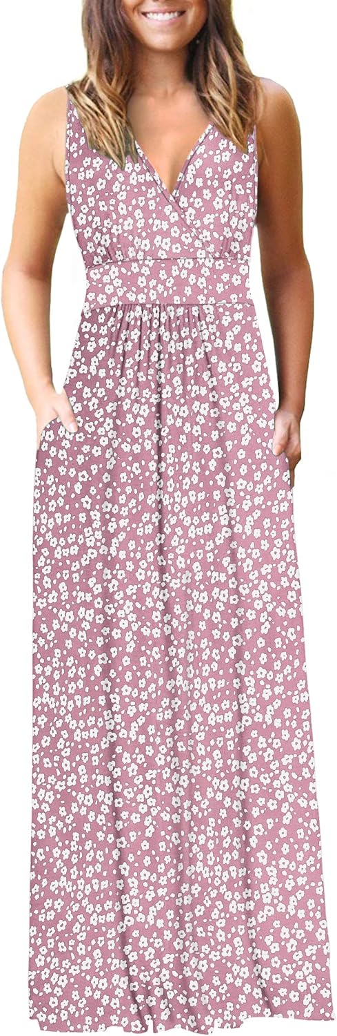 AUSELILY Maxi Dresses for Women Summer Casual Sleeveless V Neck Wrap Dress | Sleeveless Long maxi dress with wrap V neck & side pockets, for formal cocktail, beach & casual daily wear