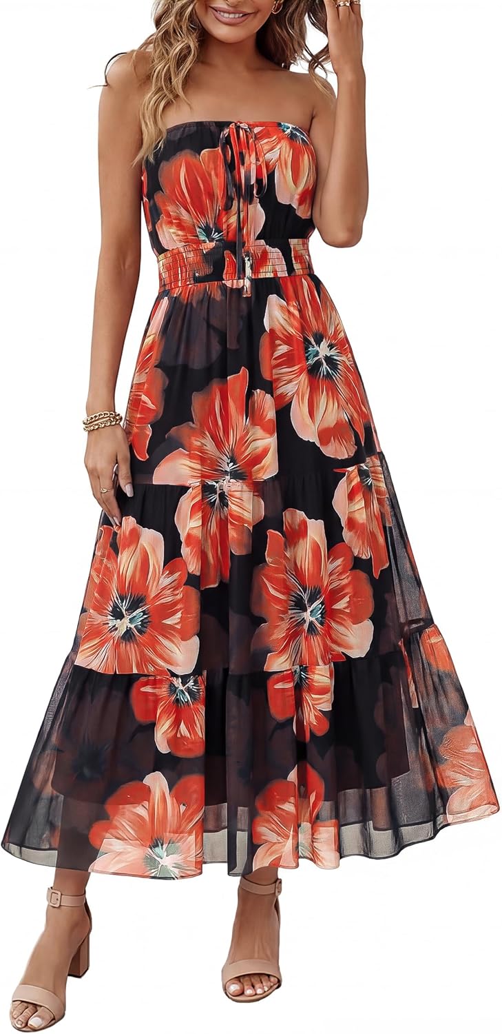 Simplee Women's Summer Maxi Dresses 2026 Elegant Strapless Boho Floral Mesh Vacation Beach Dress Wedding Guest Dresses