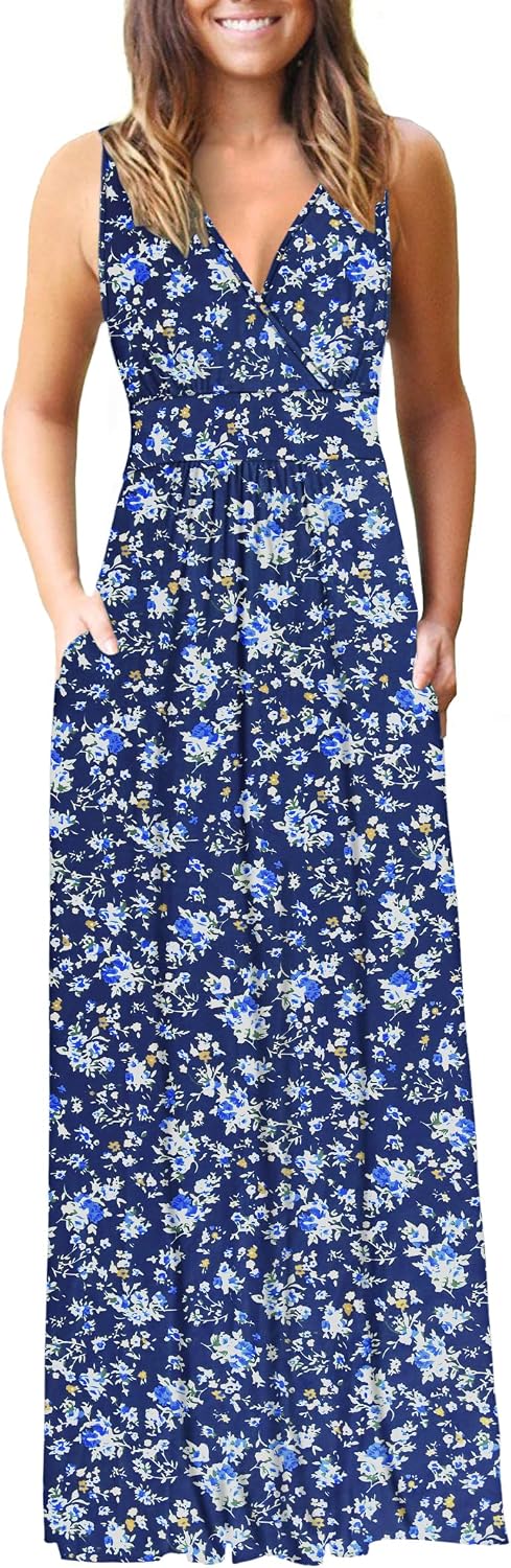 AUSELILY Maxi Dresses for Women Summer Casual Sleeveless V Neck Wrap Dress | Sleeveless Long maxi dress with wrap V neck & side pockets, for formal cocktail, beach & casual daily wear