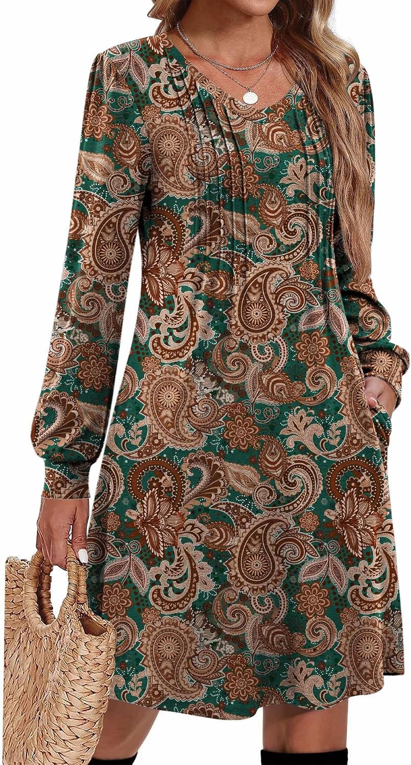 Zeagoo Fall Dresses for Women Long Sleeve Casual Pleated V Neck Dress 2026 A Line Tunic Dress