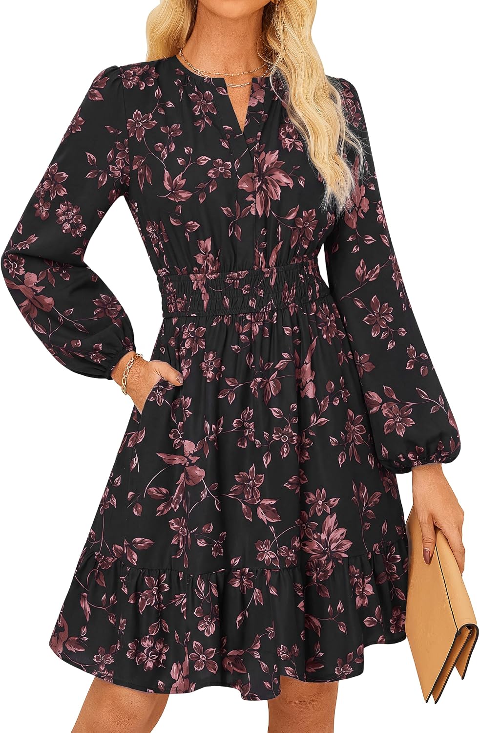 GRACE KARIN Women's V-Neck A-Line Knee Length Dress with Pockets | Smocked Waist for Tummy Control, Breathable Opaque Fabric, Hidden Side Pockets, Versatile for Work\/Weddings