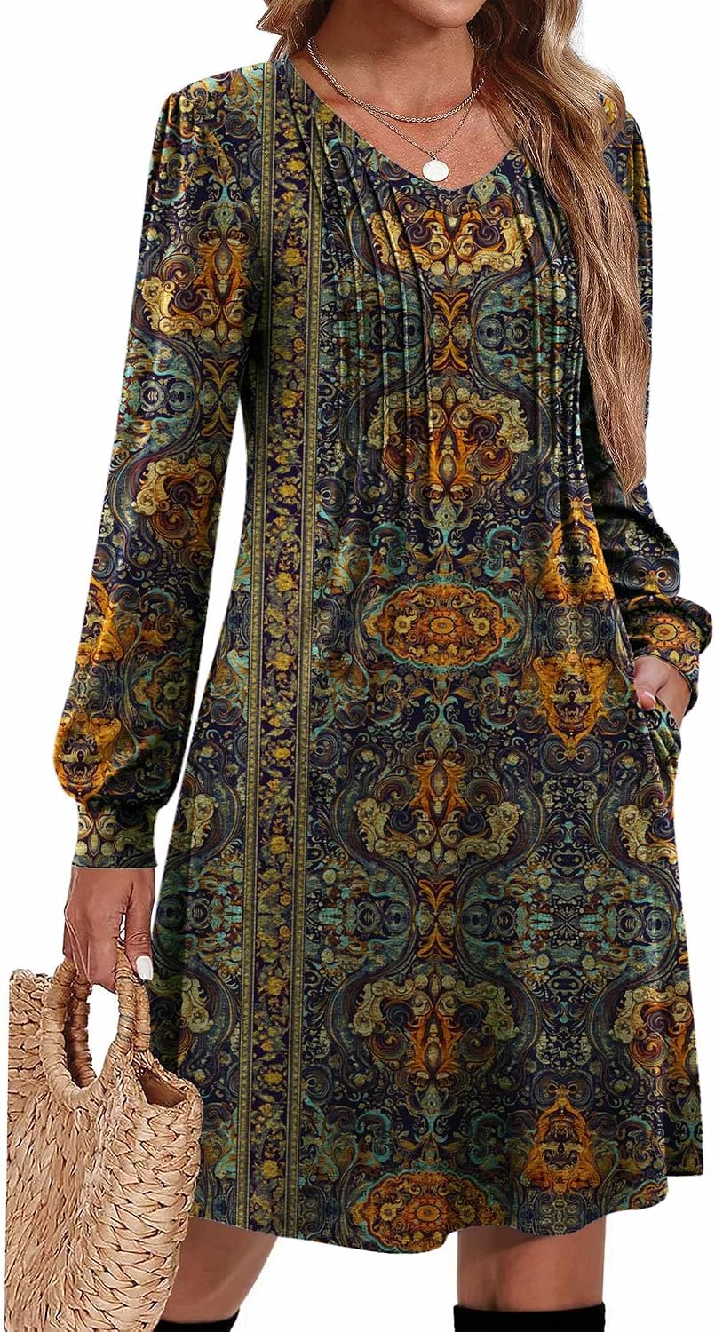 Zeagoo Fall Dresses for Women Long Sleeve Casual Pleated V Neck Dress 2026 A Line Tunic Dress