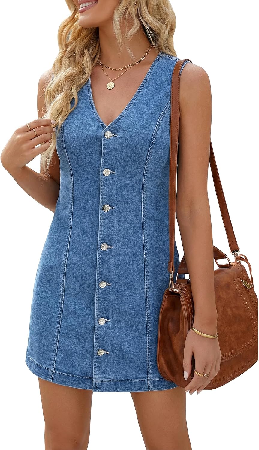 EMMIOL Denim Dress for Women Sleeveless Jean Dress 2026 Button Down Dresses | Stretchy Sleeveless Denim Dress for Women, V-Neck Summer Trendy Outfits, Country Cowgirl Mini Jean Dresses, Western Outfits