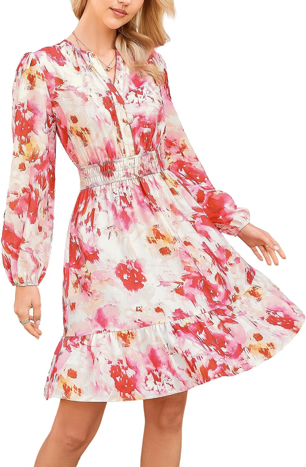GRACE KARIN Women's V-Neck A-Line Knee Length Dress with Pockets | Smocked Waist for Tummy Control, Breathable Opaque Fabric, Hidden Side Pockets, Versatile for Work\/Weddings