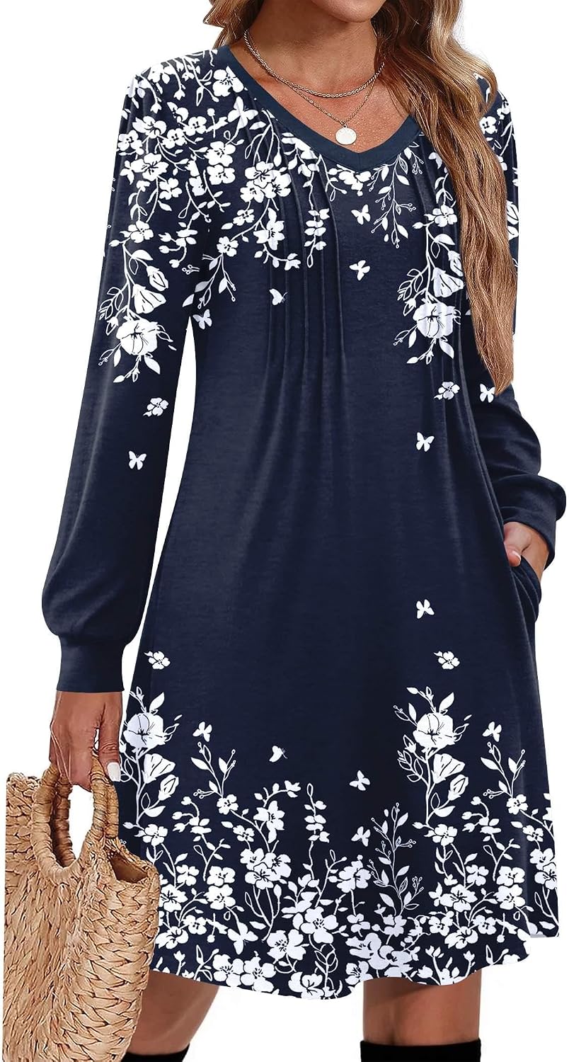 Zeagoo Fall Dresses for Women Long Sleeve Casual Pleated V Neck Dress 2026 A Line Tunic Dress