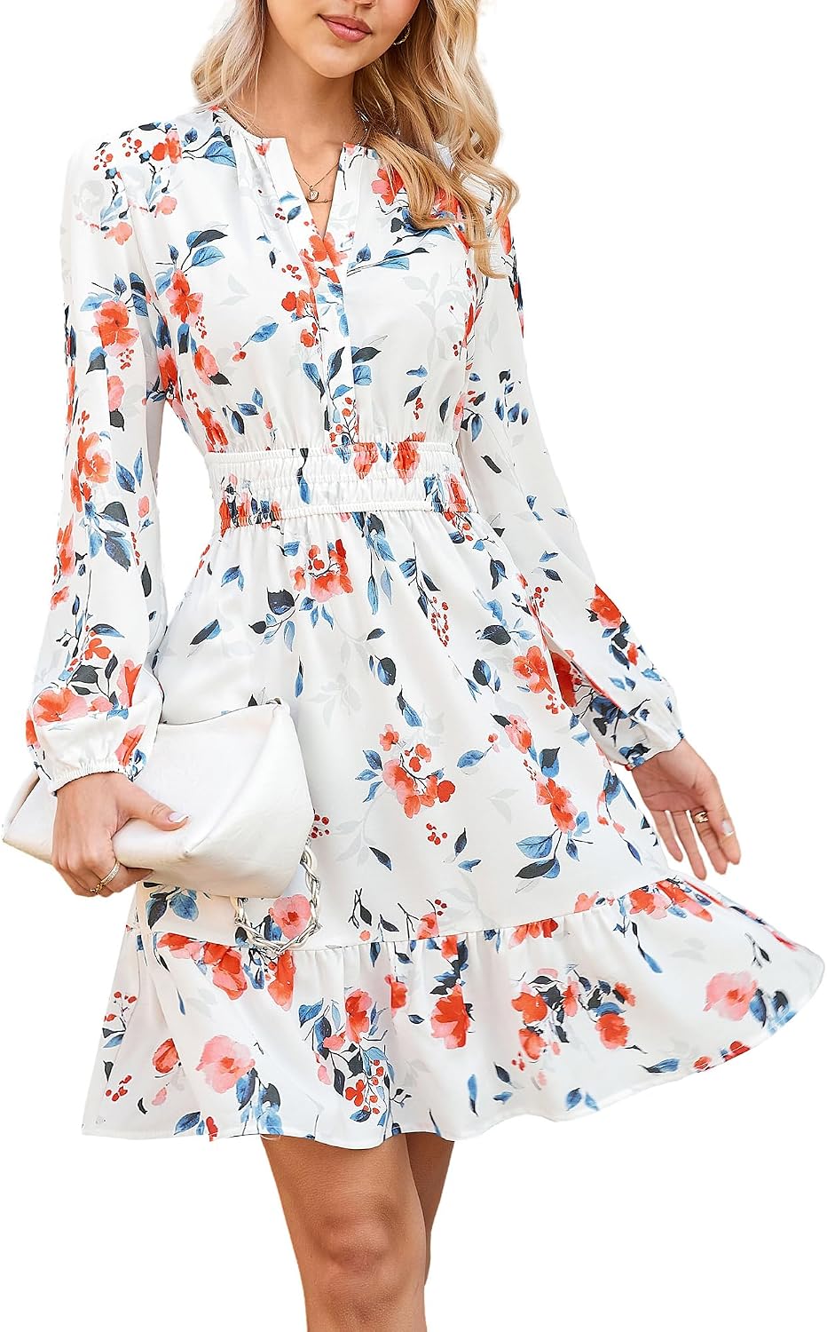GRACE KARIN Women's V-Neck A-Line Knee Length Dress with Pockets | Smocked Waist for Tummy Control, Breathable Opaque Fabric, Hidden Side Pockets, Versatile for Work\/Weddings