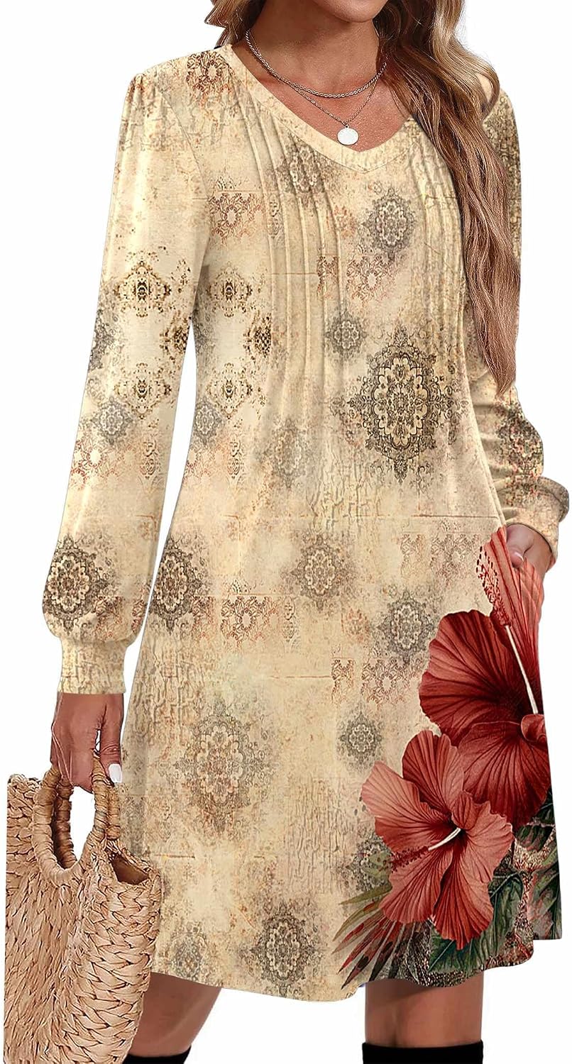 Zeagoo Fall Dresses for Women Long Sleeve Casual Pleated V Neck Dress 2026 A Line Tunic Dress