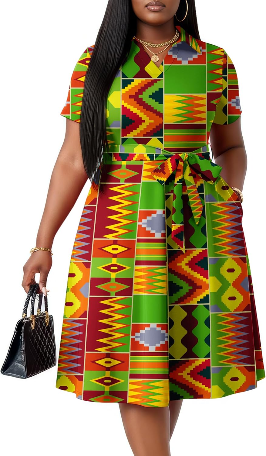 FANDEE Plus Size Dresses Women Summer Casual Church Dress with Belt | Women Summer Casual Church Dress V Neck Short Sleeve A-Line Work Cocktail Shirt Midi Dress with Belt and Pockets