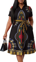FANDEE Plus Size Dresses Women Summer Casual Church Dress with Belt | Women Summer Casual Church Dress V Neck Short Sleeve A-Line Work Cocktail Shirt Midi Dress with Belt and Pockets