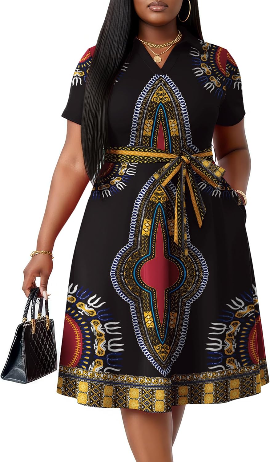 FANDEE Plus Size Dresses Women Summer Casual Church Dress with Belt | Women Summer Casual Church Dress V Neck Short Sleeve A-Line Work Cocktail Shirt Midi Dress with Belt and Pockets