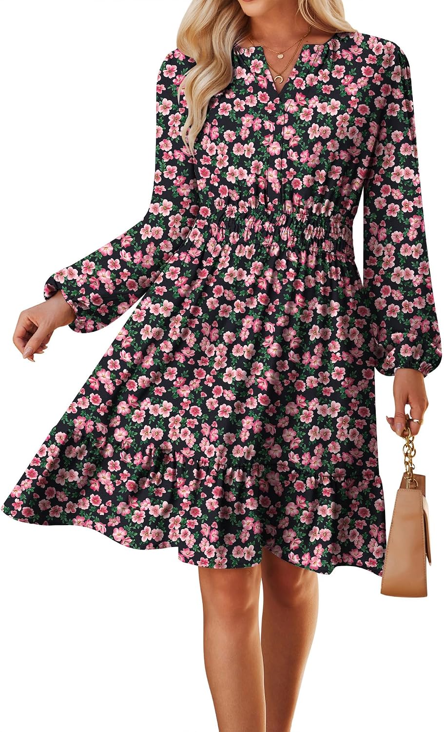 GRACE KARIN Women's V-Neck A-Line Knee Length Dress with Pockets | Smocked Waist for Tummy Control, Breathable Opaque Fabric, Hidden Side Pockets, Versatile for Work\/Weddings