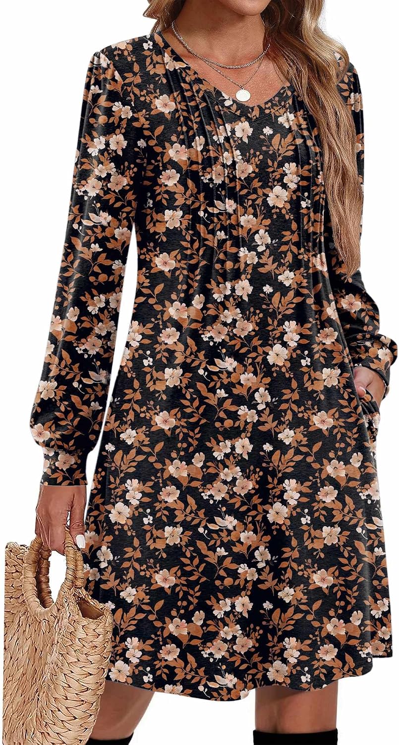Zeagoo Fall Dresses for Women Long Sleeve Casual Pleated V Neck Dress 2026 A Line Tunic Dress