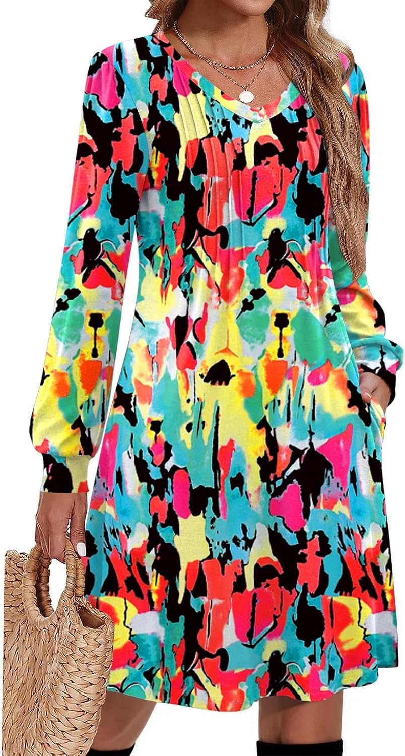 Zeagoo Fall Dresses for Women Long Sleeve Casual Pleated V Neck Dress 2026 A Line Tunic Dress