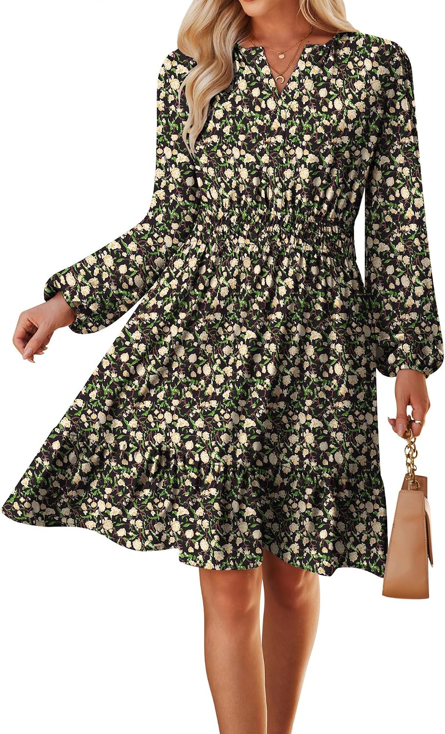 GRACE KARIN Women's V-Neck A-Line Knee Length Dress with Pockets | Smocked Waist for Tummy Control, Breathable Opaque Fabric, Hidden Side Pockets, Versatile for Work\/Weddings