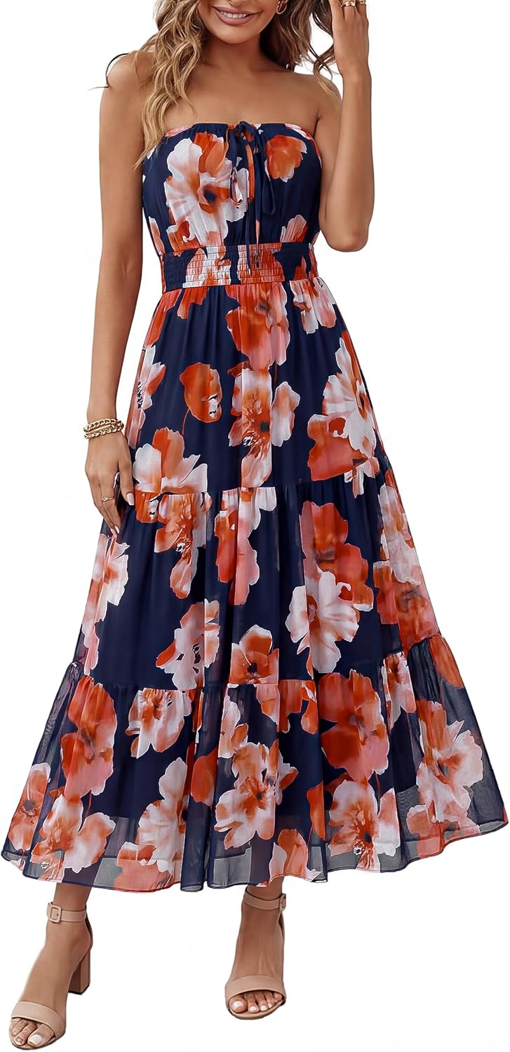 Simplee Women's Summer Maxi Dresses 2026 Elegant Strapless Boho Floral Mesh Vacation Beach Dress Wedding Guest Dresses