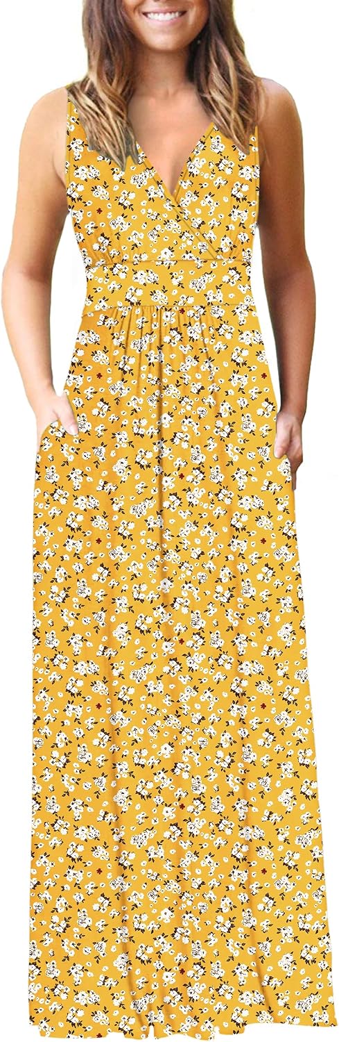 AUSELILY Maxi Dresses for Women Summer Casual Sleeveless V Neck Wrap Dress | Sleeveless Long maxi dress with wrap V neck & side pockets, for formal cocktail, beach & casual daily wear