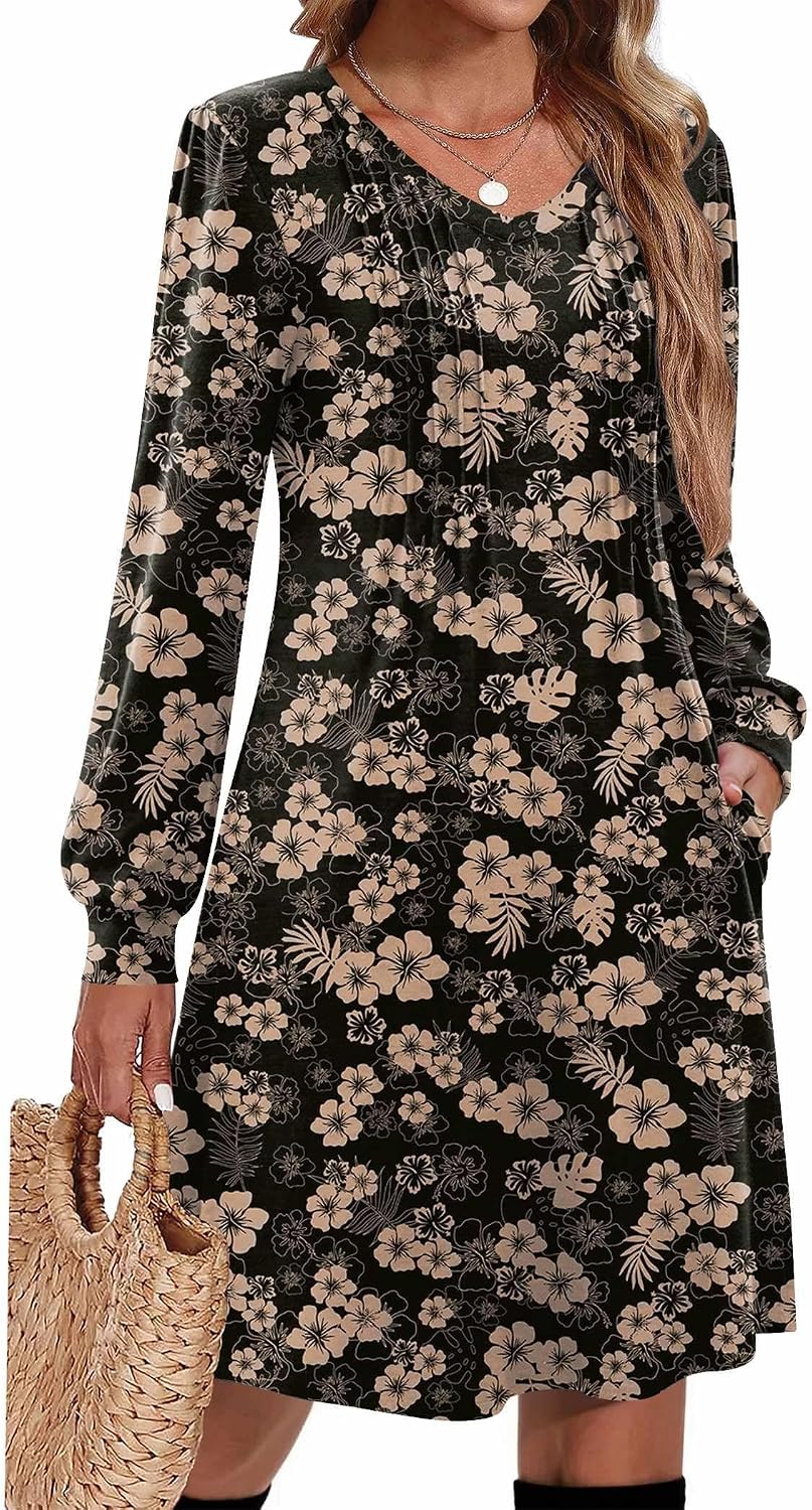Zeagoo Fall Dresses for Women Long Sleeve Casual Pleated V Neck Dress 2026 A Line Tunic Dress