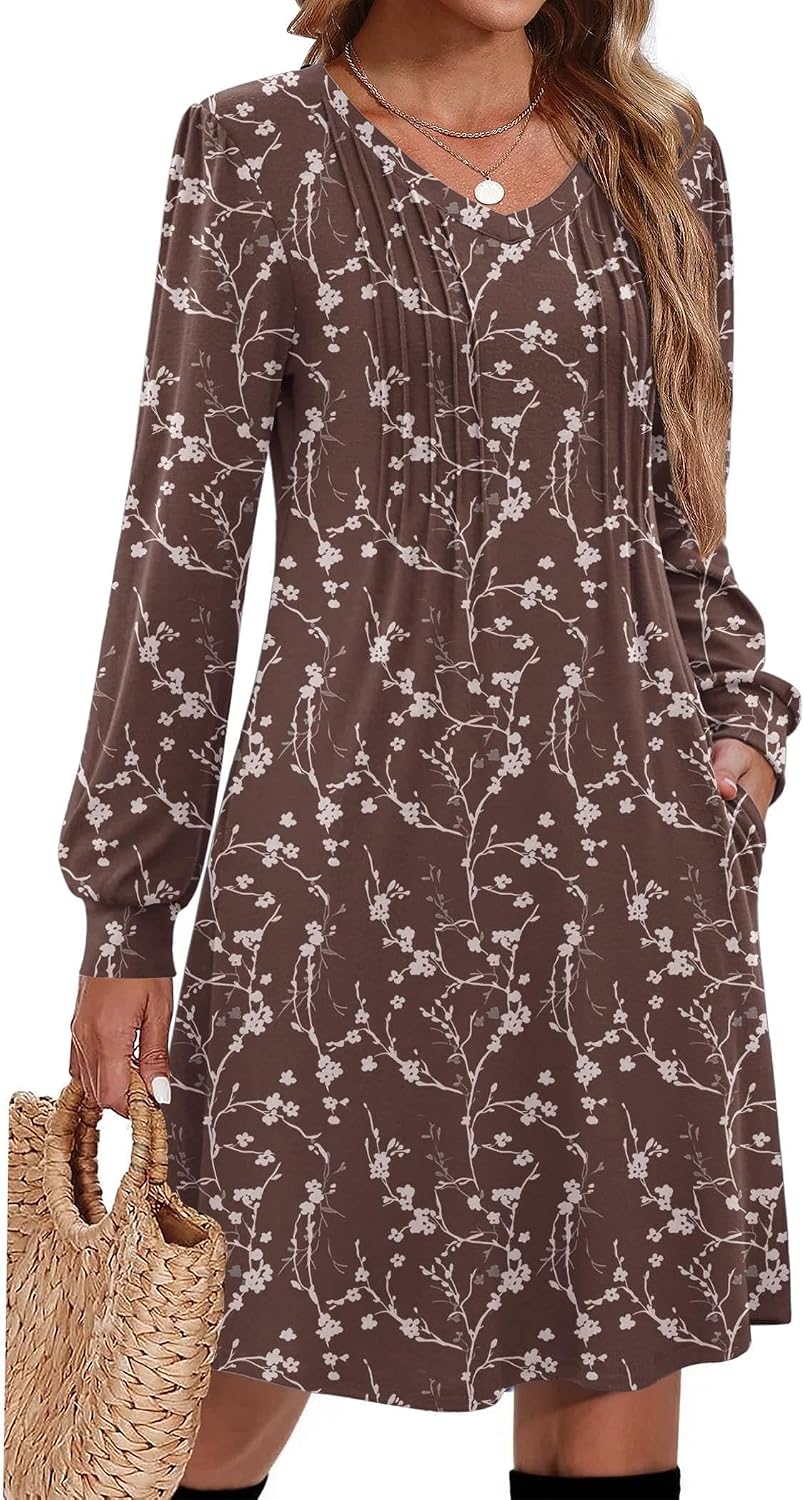 Zeagoo Fall Dresses for Women Long Sleeve Casual Pleated V Neck Dress 2026 A Line Tunic Dress