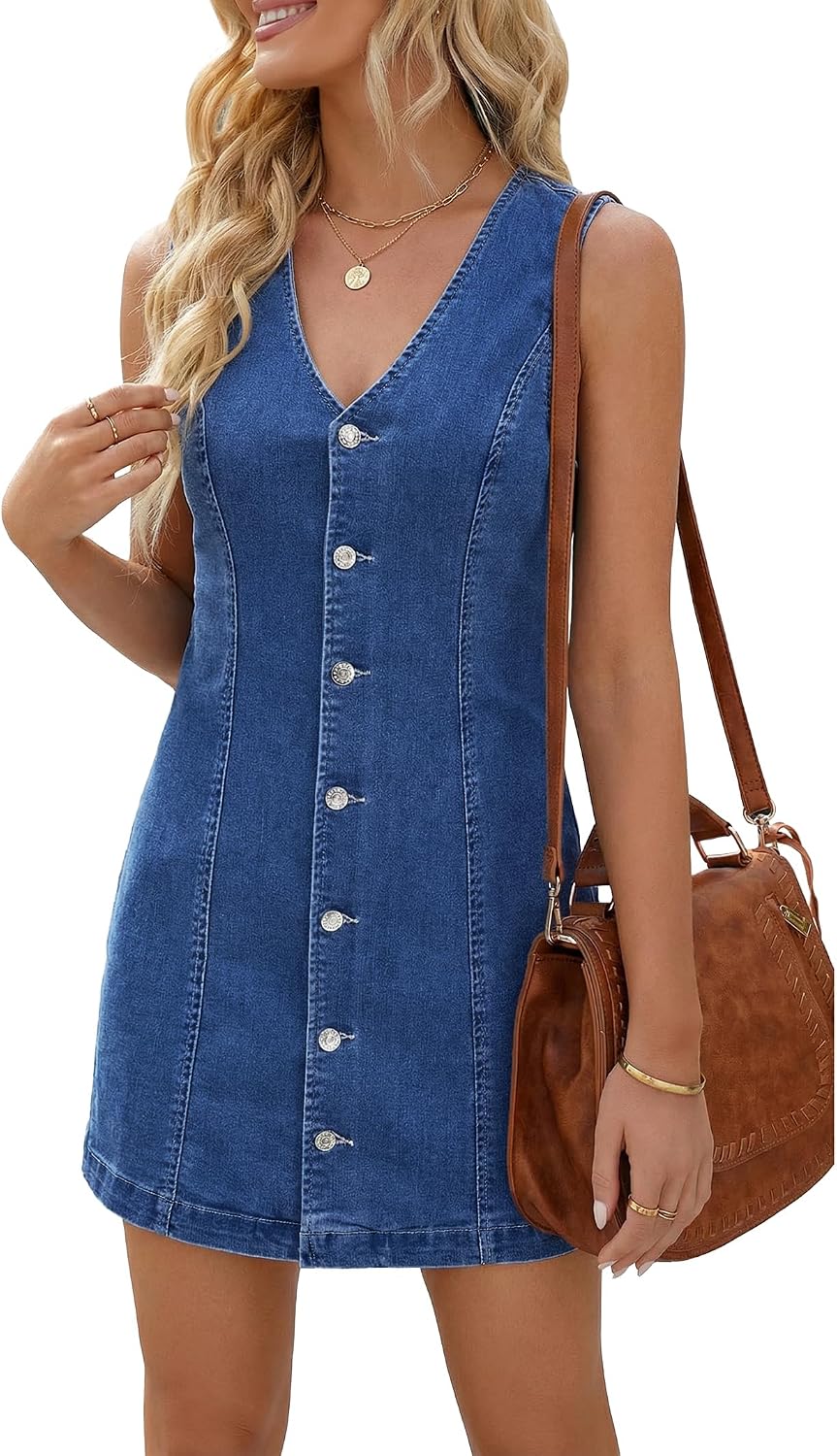 EMMIOL Denim Dress for Women Sleeveless Jean Dress 2026 Button Down Dresses | Stretchy Sleeveless Denim Dress for Women, V-Neck Summer Trendy Outfits, Country Cowgirl Mini Jean Dresses, Western Outfits