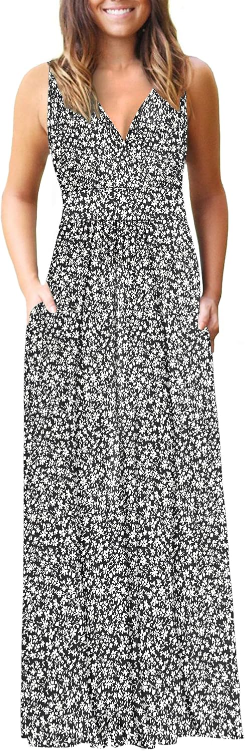 AUSELILY Maxi Dresses for Women Summer Casual Sleeveless V Neck Wrap Dress | Sleeveless Long maxi dress with wrap V neck & side pockets, for formal cocktail, beach & casual daily wear