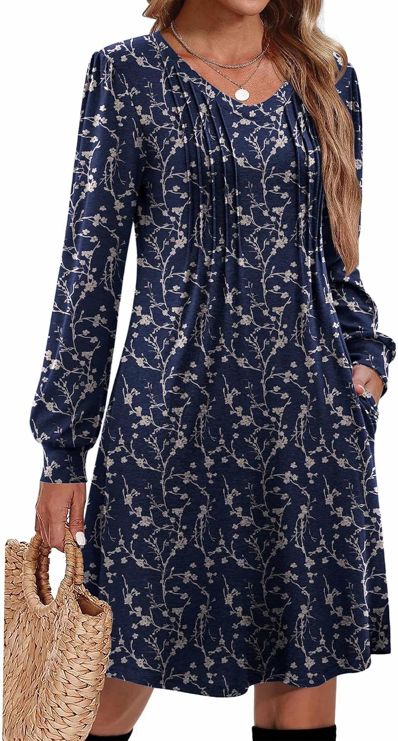 Zeagoo Fall Dresses for Women Long Sleeve Casual Pleated V Neck Dress 2026 A Line Tunic Dress
