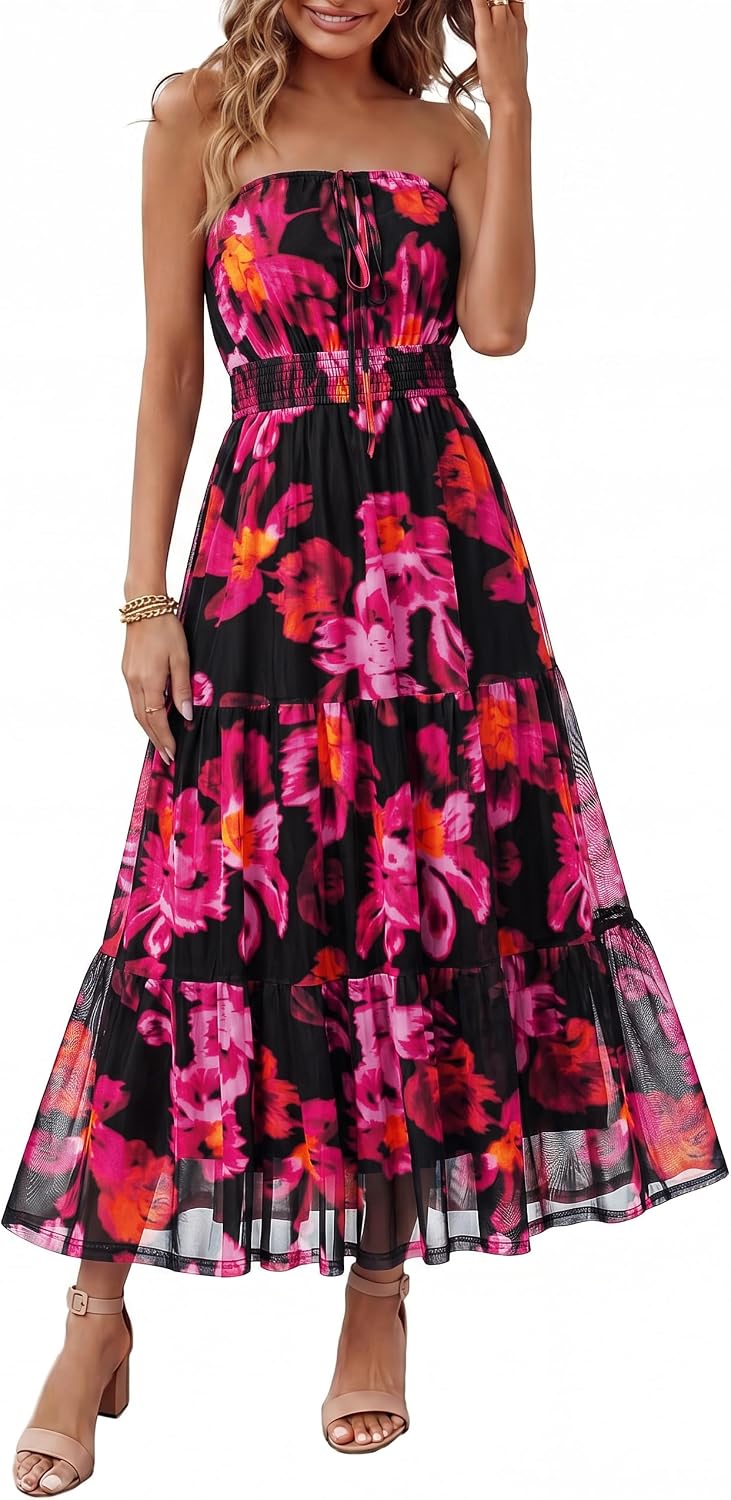 Simplee Women's Summer Maxi Dresses 2026 Elegant Strapless Boho Floral Mesh Vacation Beach Dress Wedding Guest Dresses