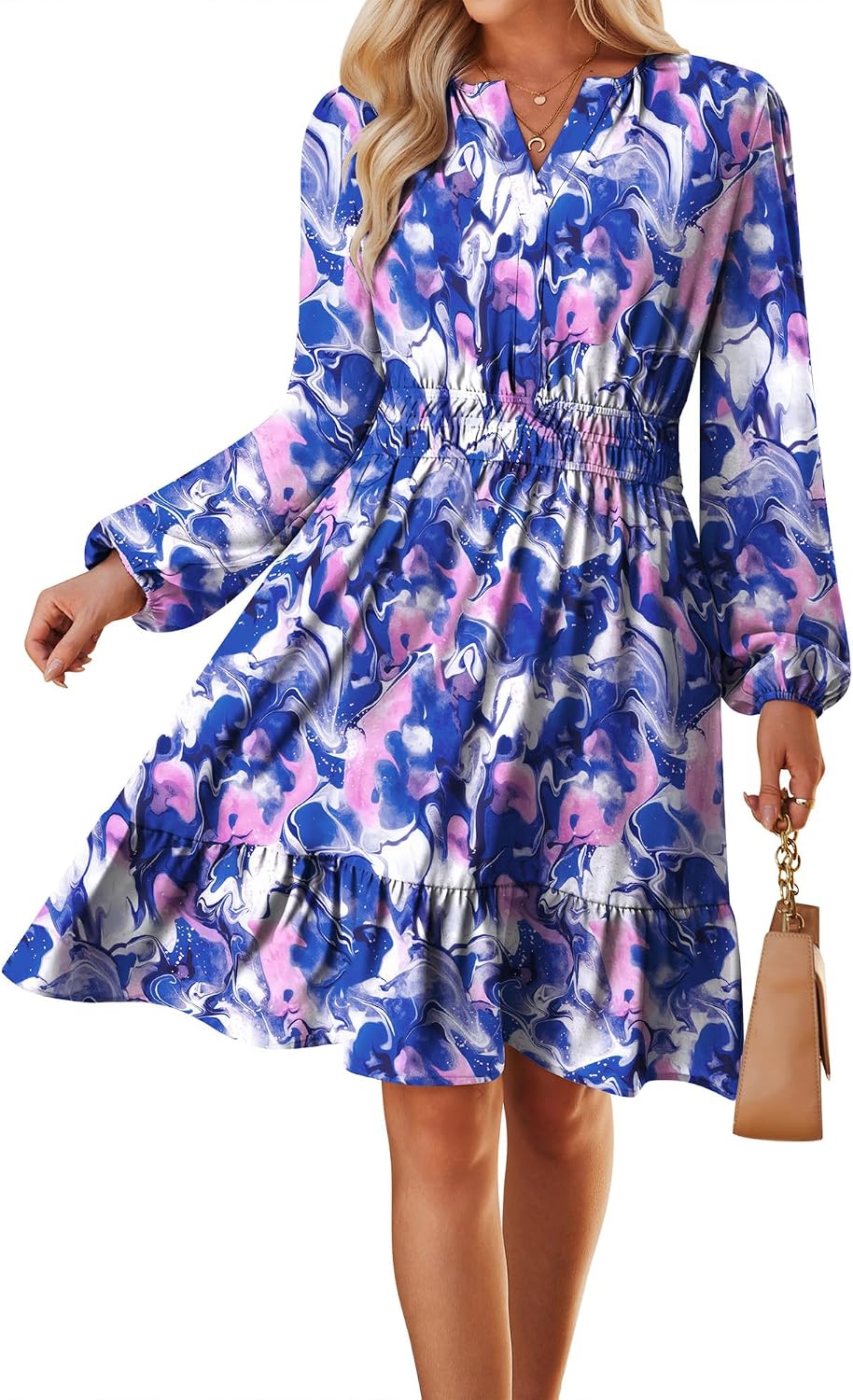 GRACE KARIN Women's V-Neck A-Line Knee Length Dress with Pockets | Smocked Waist for Tummy Control, Breathable Opaque Fabric, Hidden Side Pockets, Versatile for Work\/Weddings