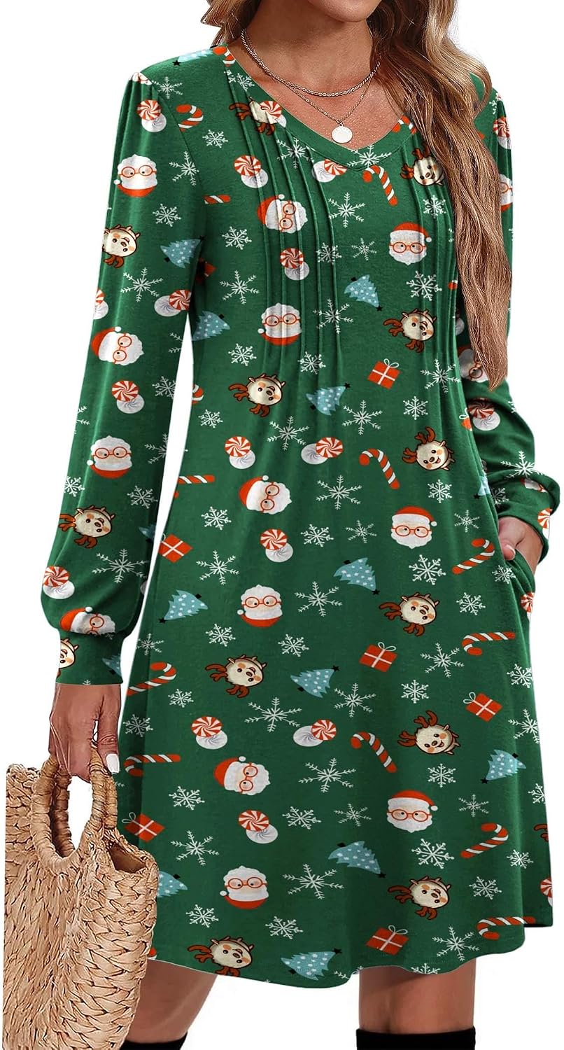 Zeagoo Fall Dresses for Women Long Sleeve Casual Pleated V Neck Dress 2026 A Line Tunic Dress