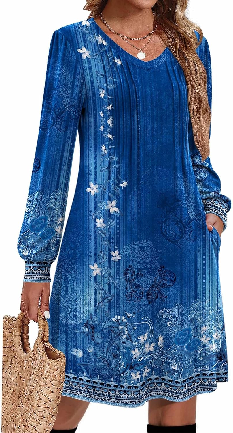 Zeagoo Fall Dresses for Women Long Sleeve Casual Pleated V Neck Dress 2026 A Line Tunic Dress