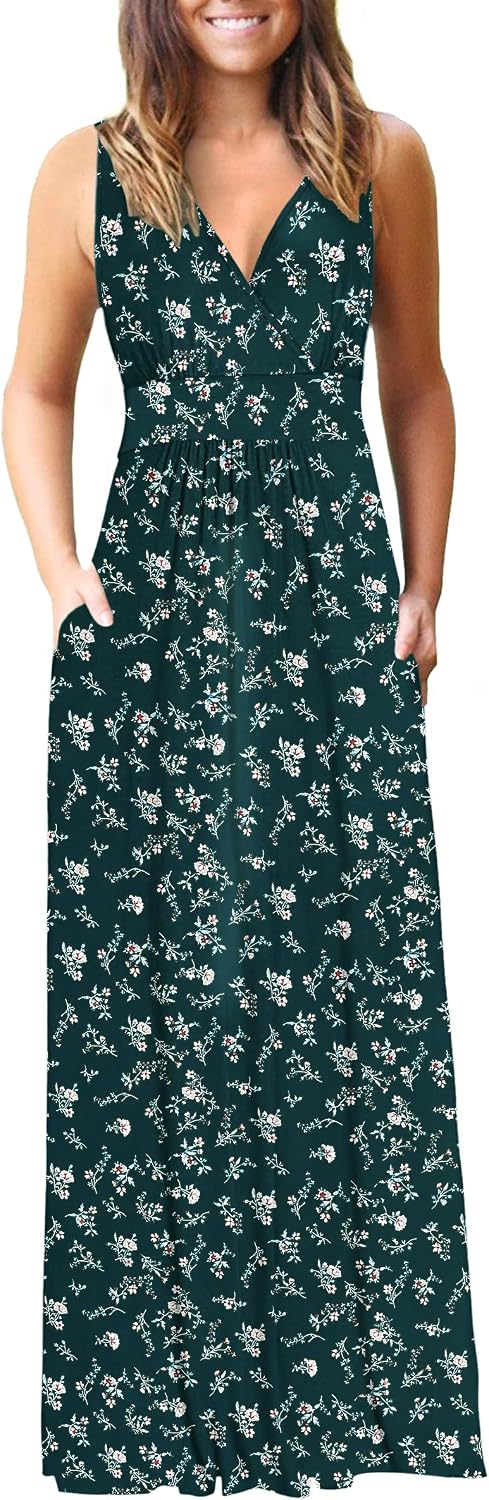 AUSELILY Maxi Dresses for Women Summer Casual Sleeveless V Neck Wrap Dress | Sleeveless Long maxi dress with wrap V neck & side pockets, for formal cocktail, beach & casual daily wear