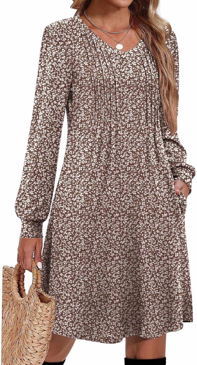 Zeagoo Fall Dresses for Women Long Sleeve Casual Pleated V Neck Dress 2026 A Line Tunic Dress