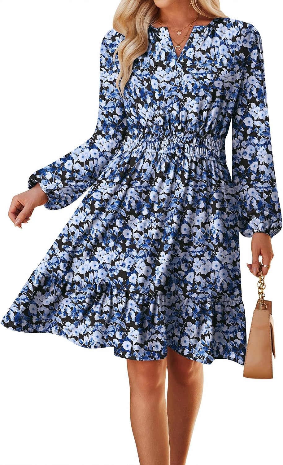 GRACE KARIN Women's V-Neck A-Line Knee Length Dress with Pockets | Smocked Waist for Tummy Control, Breathable Opaque Fabric, Hidden Side Pockets, Versatile for Work\/Weddings