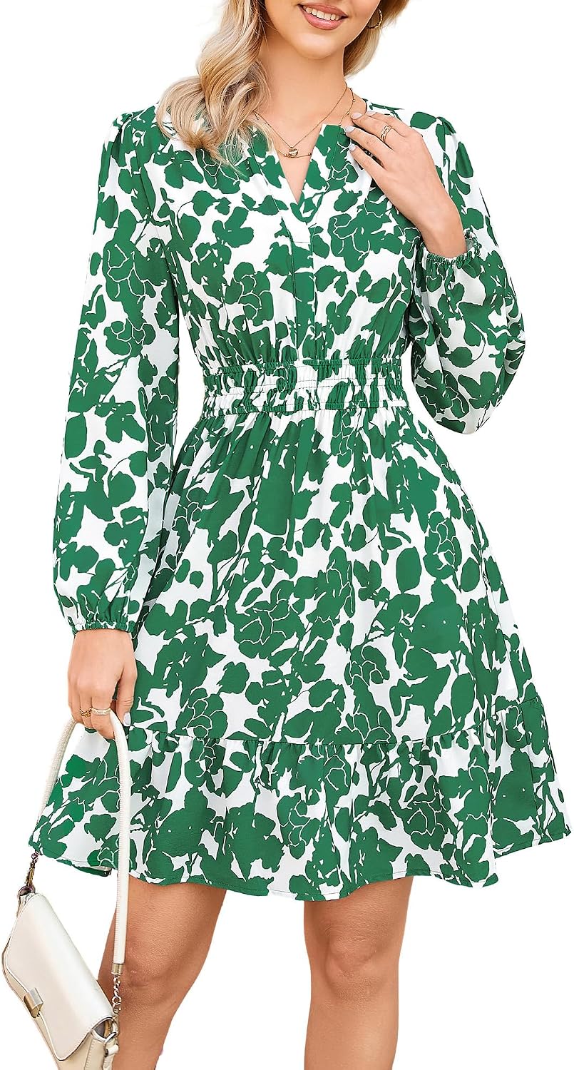 GRACE KARIN Women's V-Neck A-Line Knee Length Dress with Pockets | Smocked Waist for Tummy Control, Breathable Opaque Fabric, Hidden Side Pockets, Versatile for Work\/Weddings