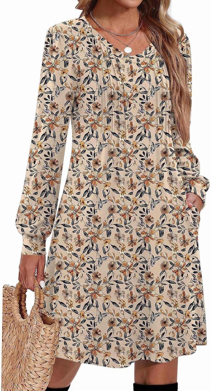 Zeagoo Fall Dresses for Women Long Sleeve Casual Pleated V Neck Dress 2026 A Line Tunic Dress