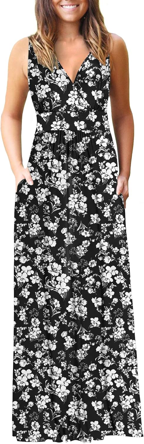 AUSELILY Maxi Dresses for Women Summer Casual Sleeveless V Neck Wrap Dress | Sleeveless Long maxi dress with wrap V neck & side pockets, for formal cocktail, beach & casual daily wear