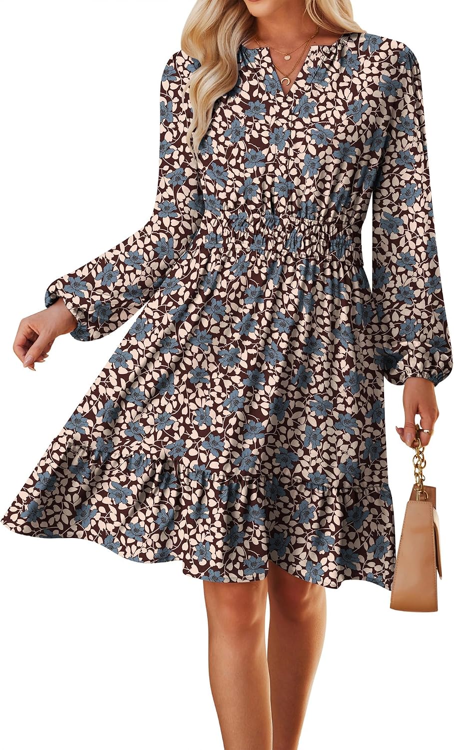 GRACE KARIN Women's V-Neck A-Line Knee Length Dress with Pockets | Smocked Waist for Tummy Control, Breathable Opaque Fabric, Hidden Side Pockets, Versatile for Work\/Weddings