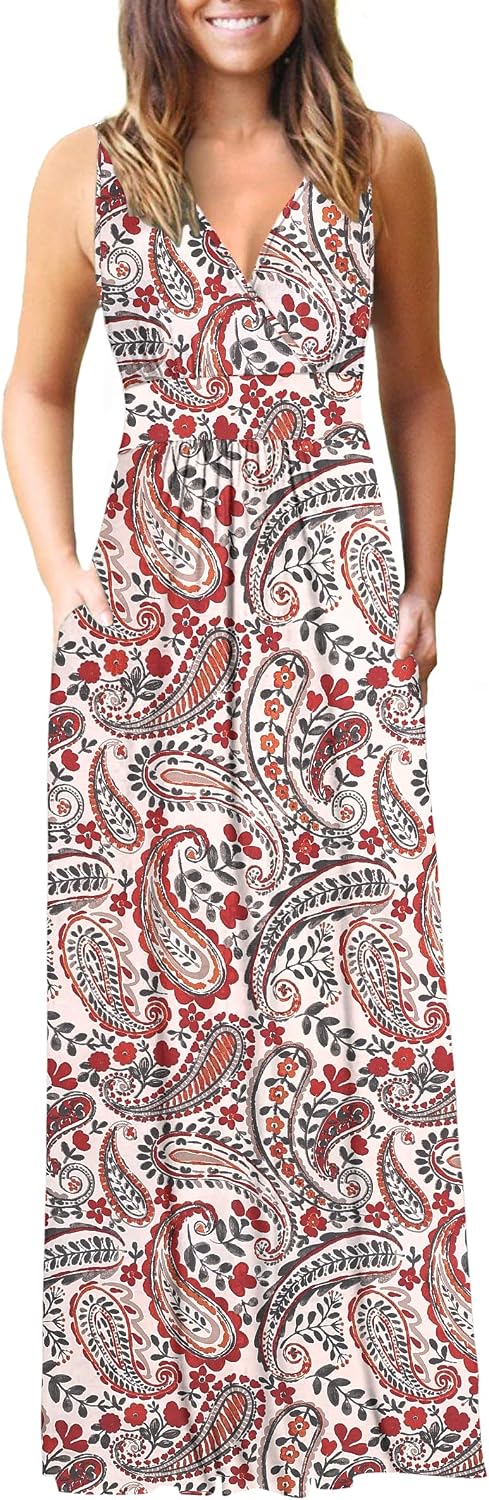AUSELILY Maxi Dresses for Women Summer Casual Sleeveless V Neck Wrap Dress | Sleeveless Long maxi dress with wrap V neck & side pockets, for formal cocktail, beach & casual daily wear
