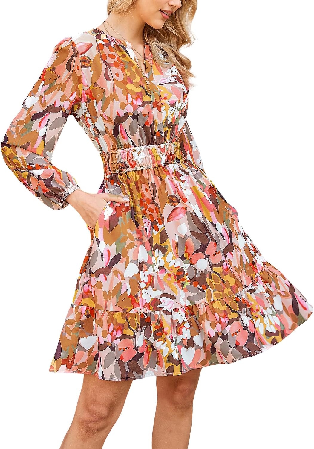 GRACE KARIN Women's V-Neck A-Line Knee Length Dress with Pockets | Smocked Waist for Tummy Control, Breathable Opaque Fabric, Hidden Side Pockets, Versatile for Work\/Weddings